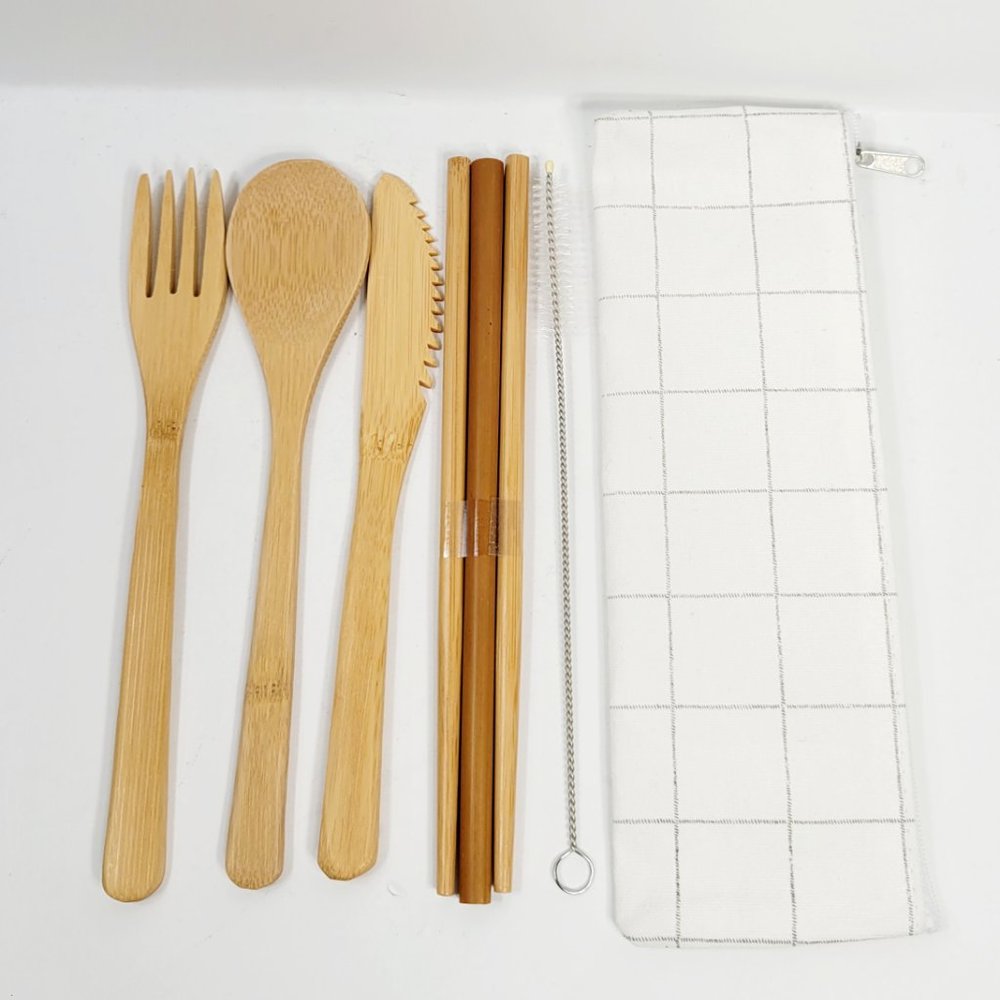 Bamboo Portable Utensils Cutlery - White Plaid Case . 7 Pieces Included.